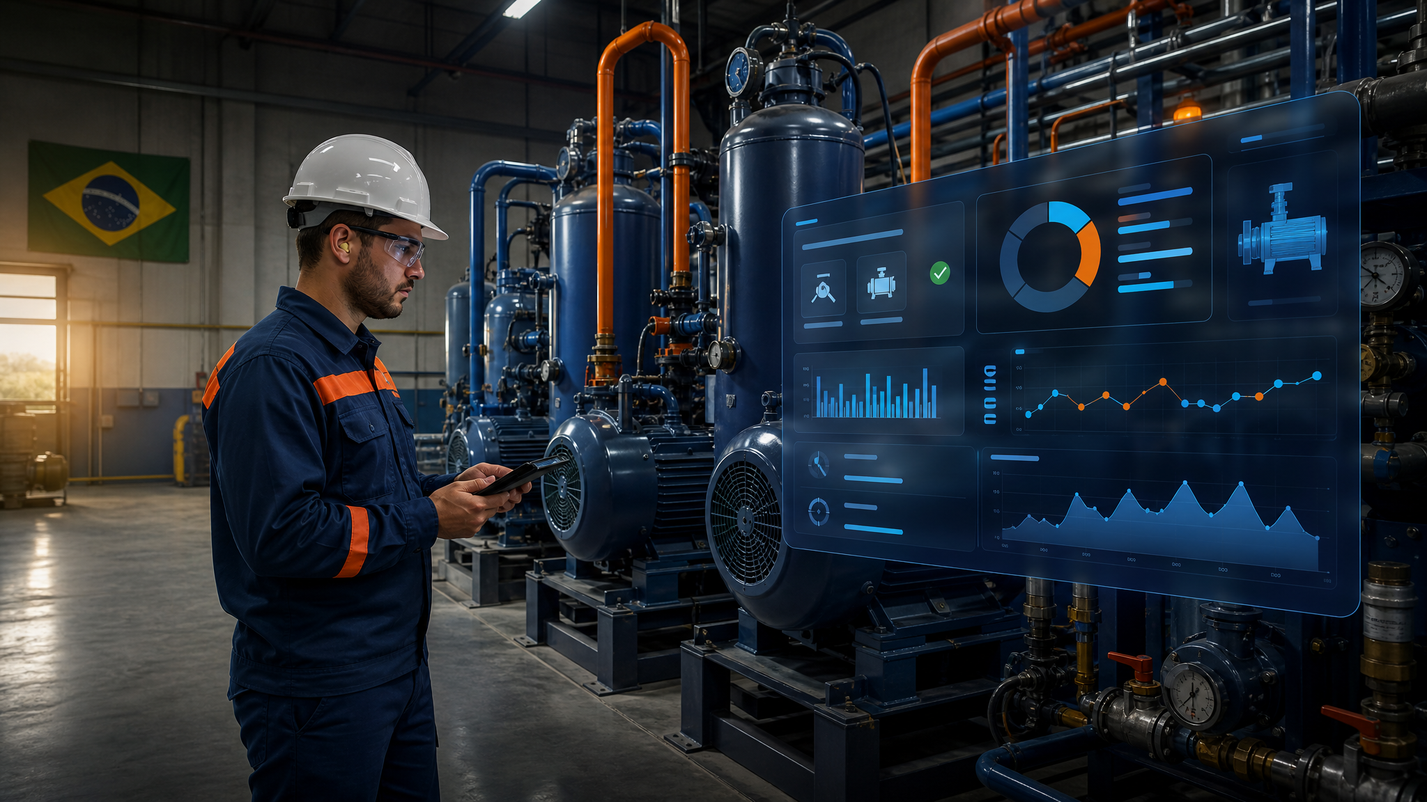Sala de compressores com mockup da plataforma ILIOT ao lado.