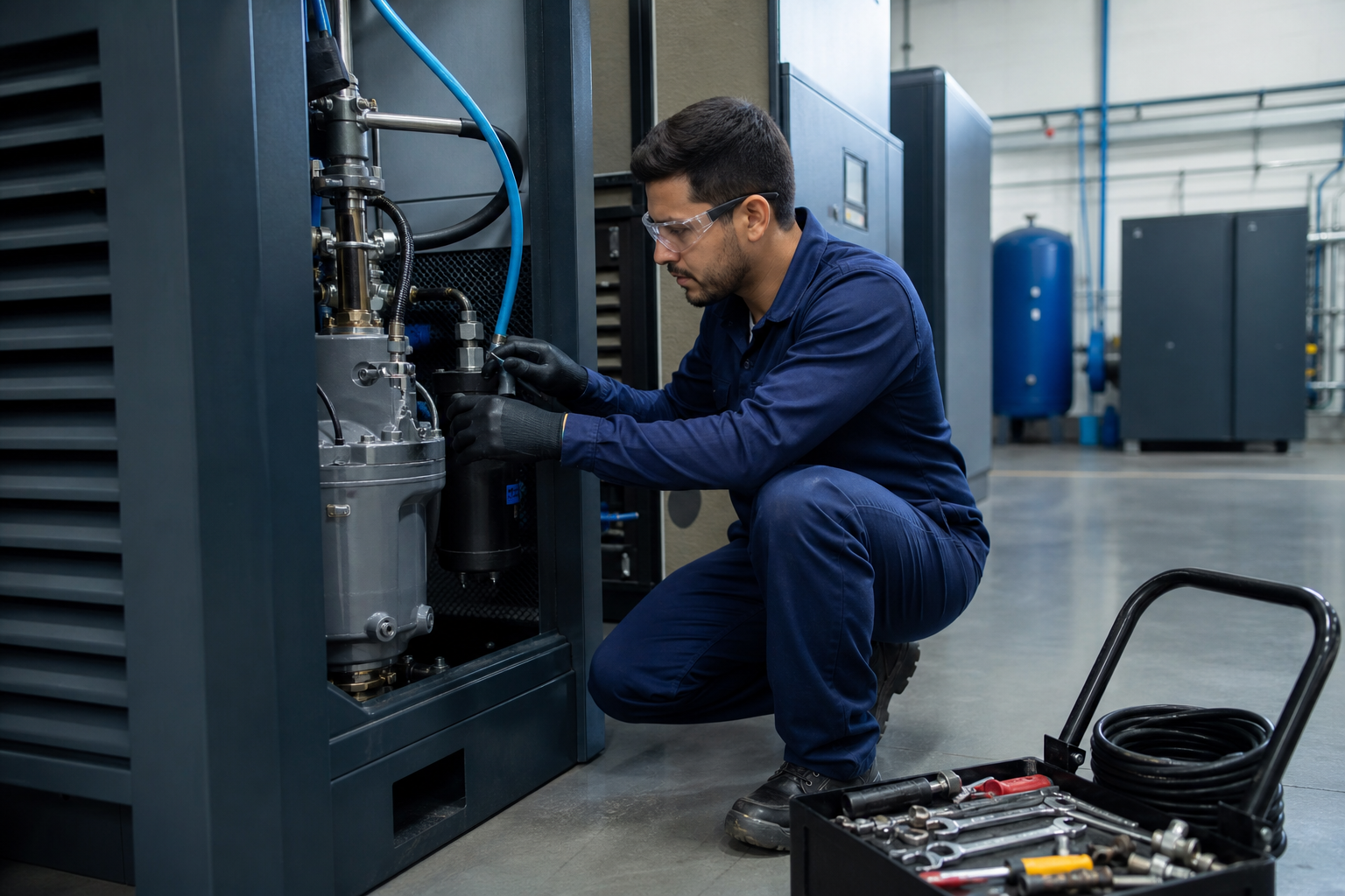 Técnico de assistência técnica atuando em compressores de ar.